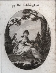 Allegori över fogligheten. Hans egenskaper är parakiten och den lilla hunden på grund av deras lydnad och önskan att behaga. Gravyr i "" ikonologi eller idéer från området passioner och allegorier avbildade för ritare, målare,