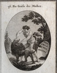 Allegori över modets storhet representerad av en robust man som öppnar ett lejons mun för att slita av hans tunga. Dess attribut är en sköld som är inskrivet "" Per tela, per hostes"" (Med vapen, genom fienden). Gravyr i "" Iconologie eller Ide