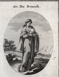 Allegori om ödmjukheten. Under hans fot en krona av guld berikad med ädelstenar. Hon dedain anser en boll som representerar jorden som hon saknar storheten. Gravyr i "" Iconologie oder Ideen aus dem Gebiete der Leidenschaften und Alleg