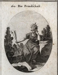 Allegori om inimiten med en hjälm trimmad med järnspetsar. Hennes klänning är översållad med lågor. De två pilar hon håller mot motsatsen är synonyma med motsägelse. Gravyr i "" Iconologie oder Ideen aus dem Gebiete der Leidenschaften und Allegori
