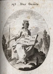 Allegori över lagen. Hans strålande diadem markerar hans gudomliga ursprung. Spiran betecknar hans auktoritet och den öppna eller inskrivna boken «In Legibus Salus» betyder att den lovar en belöning åt dem som lyder den. Gravyr i «Iconologie oder Ideen