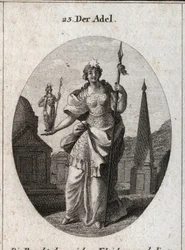 Allegori över adeln. Stjärnan betyder höjning av känslor. Statyn av Minerva och spjutet markerar att den kan förvärva meriter inom vetenskap och vapen. Gravyr i "" Iconologie oder Ideen aus dem Gebiete der Leidenschaften und Allegorien bild