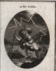 Allegori om faran representerad av en ung man som flyr från en snabb ström genom att sätta sin fot på en orm som sticker honom och samtidigt slog en åska bakom honom. Gravyr i "" Iconologie oder Ideen aus dem Gebiete der Leidenschaften und Allego