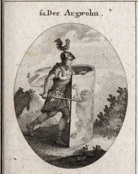 Allegori av misstanken skär bakom en sköld på vilken står ett lejon, symbol för misstanken enligt Aristoteles, och en tupp på hjälmen som representerar vaksamhet. Gravyr i "" Iconologie oder Ideen aus dem Gebiete der Leidenschaften und Alleg