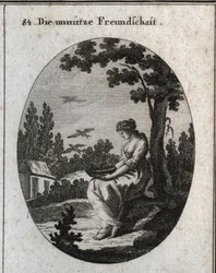 Allegori om värdelösa vänskaper som håller ett bo som låter svalor flyga iväg. Gravyr i "" ikonologi eller idéer från området passioner och allegorier avbildade för ritare, målare, poeter, forskare, pedagoger och vänner till högre personer