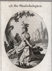 Babylon allegori. Dess draperi är fyllt med cikador och tungor. Hans egenskap är kråkan. Gravyr i "" ikonologi eller idéer från området passioner och allegorier avbildade för ritare, målare, poeter, forskare, utbildare och frilansare