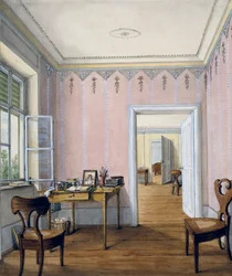 Biedermeier stil interiör, cirka 1840, akvarell, Österrike