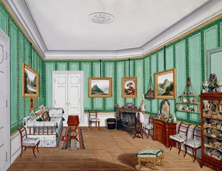 Rum i Biedermeierstil, omkring 1850, akvarell, Österrike
