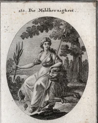 Clemence allegori. Hon är representerad med ett spjut och en olivkvist för att indikera att hon har makten att straffa men också att förlåta. Lejonet är generosits attribut. Gravyr i "" Iconologie oder Ideen aus dem Gebiete der Leidenschaften un