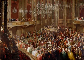 Konsert i Wien i närvaro av den kejserliga familjen. Målning av den österrikiska skolan på 1700-talet. Schönbrunn slott