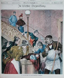 Omslag till en österrikisk tidning som föreställer en baby övergiven på en trappa i ett flerfamiljshus, 28 november 1897 (färg litho)