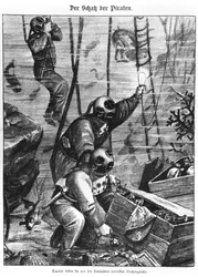 Dykare som hittar piraters skatt, 1897