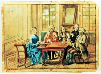 Kejsarinnan Maria Teresa av Österrike spelar kort med fältmarskalk Karoly Batthyany (1698-1772), Nadasky och fältmarskalk Leopold Joseph, greve von Daun (1705-66), 1751