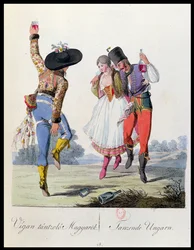 Ungerska dansare i traditionell klädsel, illustration från en bok Costumes de Pannonie av J.H. de Bikkesy, publicerad i Wien, 1810 (färgstick)