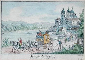 Imperial Austrian Postal Service vagn framför Melk Abbey bredvid floden Donau, tidigt 1800-tal (färggravyr)