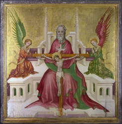 ""Den heliga treenigheten och Kristus korsfäste"" Målning av den österrikiska skolan, cirka 1410 Dim 118,1 x 114,9 cm London National Gallery