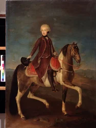 Ridsporträtt av kejsarinnan Maria Theresia av Habsburg av Österrike (1717-1780). Målning av den österrikiska skolan mellan 1740 och 1750 (1700-talet). Klassisk stil. Olja på duk. Pushkin-museet, Moskva.
