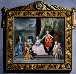 Porträtt av Pierre-Leopold av Habsburg-Lorraine (Pierre Leopold av Habsburg Lorraine) (1747-1792) (då Leopold II av det heliga riket eller Österrike) omger med sin familj (hans fru Marie Louise och deras 8 barn) Miniatyrmålning. 1776 Wien Hofbour