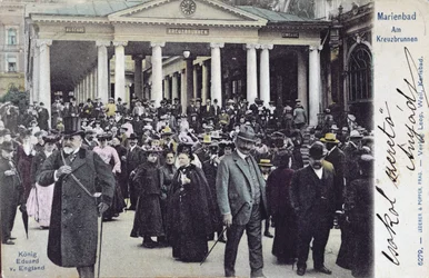 Vykort som visar kung Edward VII (1841-1910) på besök i Marienbads spa, ca 1905