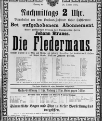 Affisch för ”Lädermusen” av Johann Strauss den yngre, för en föreställning på Wiens statsopera, 28 oktober 1894 (litografi)