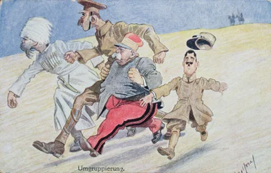 Omgruppering, Ryssland, Storbritannien, Frankrike och Italien flyr inför österrikarna och tyskarna vid horisonten, vykort från första världskriget