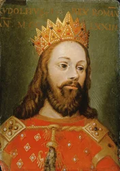Rudolf I (1218-91) okrönt helig romersk kejsare, grundare av den habsburgska dynastin (panel)