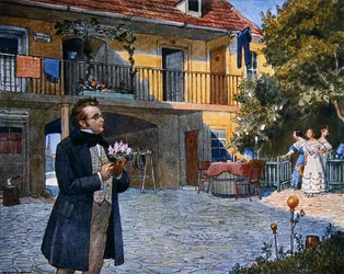 Partitur Omslag till "Das Dreimaederlhaus" ("The House of the Three Girls") med Schubert framför huset, ca 1916 (färglitografi)