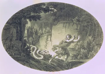 Tamino förföljd av en jättelik orm, akt I, scen I ur «Trollflöjten» av Wolfgang Amadeus Mozart (1756-91)