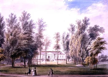Utsikt över ett hus på landet i en park, ca 1815 (akvarell på papper)