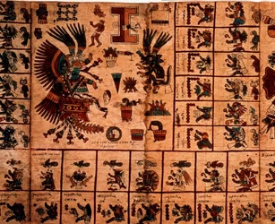 Framställning av aztekiska gudomligheter och rutor som motsvarar kalendern. Sida ur det aztekiska manuskriptet på bark, "Codex Borbonicus", en förkolumbiansk inhemsk kodex från centrala Mexiko, slutet av 1400-talet. Nationalförsamlingens bibliotek (Palais
