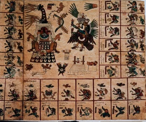 Framställning av aztekiska gudomar och rutor som motsvarar kalendern. Sida ur det aztekiska manuskriptet på bark ”Codex Borbonicus”, en förkolumbiansk inhemsk kodex från centrala Mexiko, sent 15:e århundrade. Nationalförsamlingens bibliotek (Palais