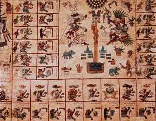 Framställning av aztekiska gudomligheter och rutor motsvarande kalendern. Sida ur det aztekiska manuskriptet på bark ”Codex Borbonicus”, förkolumbiansk inhemsk kodex från centrala Mexiko, sent 15:e århundrade. Nationalförsamlingens bibliotek (Palais