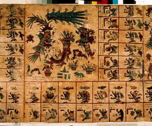 Framställning av aztekiska gudomligheter och rutor motsvarande kalendern. Sida ur det aztekiska manuskriptet på bark ”Codex Borbonicus”, förkolumbiansk inhemsk kodex från centrala Mexiko, sent 15:e århundrade. Nationalförsamlingens bibliotek (Palais