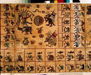 Framställning av aztekiska gudomligheter och rutor som motsvarar kalendern. Sida ur det aztekiska manuskriptet på bark "Codex Borbonicus", en förkolumbiansk inhemsk kodex från centrala Mexiko, sent 15:e århundrade. Nationalförsamlingens bibliotek (Palais