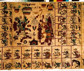 Framställning av aztekiska gudomligheter och rutor som motsvarar kalendern. Sida ur det aztekiska manuskriptet på bark "Codex Borbonicus", en förkolumbiansk inhemsk kodex från centrala Mexiko, sent 15:e århundrade. Nationalförsamlingens bibliotek (Palais