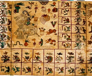 Framställning av aztekiska gudomligheter och rutor motsvarande kalendern. Sida ur det aztekiska manuskriptet på bark 