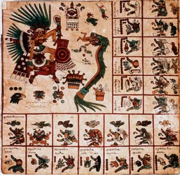 Framställning av Quetzalcoatl och Tezcatlipoca, aztekiska gudomar, samt rutor som motsvarar kalendern. Sida ur det aztekiska manuskriptet på bark, ”Codex Borbonicus”, en förcolumbiansk ursprungskodex från centrala Mexiko, sent 1400-tal.