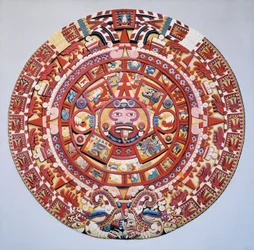 Förcolumbiansk civilisation: den aztekiska kalendern (solens sten): skiva som representerar den aztekiska kalendern och kosmogonin (Tonalpohualli)