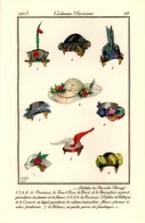 Mössor för damer av milliner Marcelle Demay. Modeller av Marcelle Demay. Handfärgad pochoir (stencil) etsning efter en illustration av B. Berty från Tommaso Antonginis Journal des Dames et des Modes, Aux Bureaux du Journal des Dames, Paris