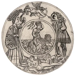Aristoteles och Phyllis, omgivna av en ung man och kvinna med Eros samt en liggande naken kvinna med två barn, andra hälften av 1400-talet