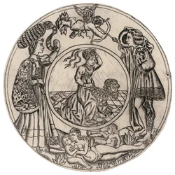 Aristoteles och Phyllis, omgivna av en ung man och kvinna med Eros, och liggande naken kvinna med två barn, andra hälften av 1400-talet