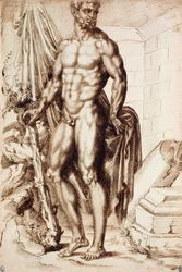 Hercules vände sig åt vänster, lutade sig mot sin klubba, håller i draperier, vid ruinerna av ett tempel,
