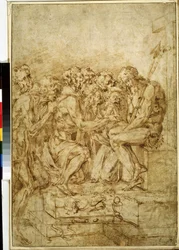 ""Kristus med symbolerna för passionen omgiven av sju figurer"" (Kristus med symboler för passioner som åtföljs av sju figurer) Ritning med brunt bläck av Baccio Bandinelli (1493-1560) Pushkin-museet från 1500-talet i Moskva
