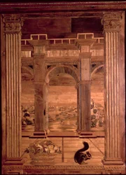 Studien av Federigo da Montefeltro, hertig av Urbino: intarsia-paneler som visar ett vidsträckt landskap sett genom valven på en arkadterrass, designad av Baccio Pontelli (d.1492)