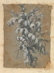 Design för en påkostad huvudbonad med fjädrar på en hjälm, ca. 1620-56.