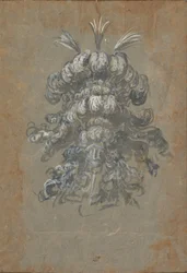 Design för en påkostad huvudbonad med fjädrar på en hjälm framifrån, ca. 1620-56.