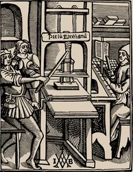 Prelum Ascensianum: skrivarens enhet med tryckpressen i arbete, 1508.