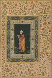 Porträtt av Itimad Al-dawla, Mughal-dynastin (ogenomskinlig akvarell och guld på papper)