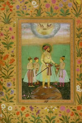 Shah Jahan (1592-1666) står på en stor jordglob omgiven av sina fyra barn, från Minto-albumet