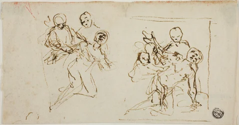 Två kompositionsskisser av kollapsande figur med stöd av två andra figurer (recto); kompositionsskiss av knästående figur med stöd av två andra figurer
